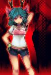  antlers blue_hair c_(control) c_the_money_of_soul_and_possibility_control casual choker collarbone drpow hand_behind_head head_wings horns open_fly panties q_(control) red_eyes shorts solo tom_(drpow) underwear unzipped 