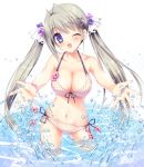  antenna_hair bikini blonde_hair blush bracelet breasts cleavage hair_cubes hair_ornament hairclip highres indigo_eyes kimishima_ao large_breasts long_hair looking_at_viewer navel open_mouth original panties polka-dot_swimsuit purple_eyes side-tie_panties silver_hair smile splash splashing swimsuit twintails underwear water wink 