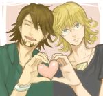  aqua_eyes bad_id barnaby_brooks_jr blonde_hair blue_eyes brown_hair cabbie_hat closed_eyes eyes_closed facial_hair glasses hat heart heart_hands heart_hands_duo jewelry kaburagi_t_kotetsu male multiple_boys necklace open_mouth sashimi555 short_hair stubble tiger_&amp;_bunny 