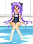  arm_support bangs barefoot blue_eyes bow clothes_writing clothing_writing embarrassed feet_in_water flat_chest hair_bow highres hiiragi_kagami indoors kamia_(not_found) legs long_hair looking_at_viewer lucky_star name_tag not_found_(artist) on_ground one-piece_swimsuit pool poolside purple_hair school_swimsuit sitting soaking_feet surprised sweatdrop swimsuit twintails very_long_hair water window 