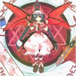  ascot bad_id bat_wings blue_hair boxcutter brooch chain chains compass eraser fang hat highres jewelry red_eyes remilia_scarlet ringetsumon scissors short_hair solo touhou wings wrist_cuffs 
