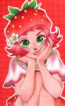  1girl chihiro_howe commentary_request food freckles fruit green_eyes highres looking_at_viewer marker_(medium) original red_background red_headwear red_theme redhead short_hair sitting solo strawberry traditional_media upper_body watermark 
