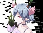  binsen blue_hair c_(control) c_the_money_of_soul_and_possibility_control collar eating head_wings horns midas_money pointy_ears q_(control) red_eyes short_hair simple_background solo 