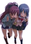  bag blue_hair blush bookbag boots closed_eyes denim denim_shorts eyes_closed fang hooded_jacket laughing long_hair mahou_shoujo_madoka_magica miki_sayaka multiple_girls naruko_hanaharu official_style open_mouth ponytail red_hair redhead sakura_kyouko school_uniform short_hair shorts simple_background skirt white_background 