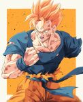  1boy amputee angry biceps blonde_hair blue_sash blue_shirt blue_wristband border bruise bure_(fantasticyouth7) clenched_hand collarbone commentary_request dougi dragon_ball dragon_ball_z green_eyes hand_up highres injury male_focus missing_limb muscular muscular_male open_mouth orange_background outside_border pectorals sash scar scar_on_face scratches shirt short_hair short_sleeves simple_background solo son_gohan son_gohan_(future) spiky_hair super_saiyan super_saiyan_1 teeth tongue torn_clothes torn_shirt v-shaped_eyebrows white_border wristband 