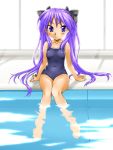  highres hiiragi_kagami kamia_(not_found) long_hair lucky_star not_found_(artist) pool poolside purple_hair school_swimsuit swimsuit twintails 