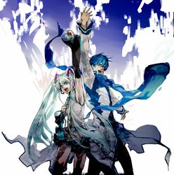  aqua_hair blue_eyes blue_hair c_kago detached_sleeves hatsune_miku headphones headset kaito long_hair necktie open_mouth scarf singing skirt twintails vocaloid 