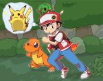  1boy black_eyes black_hair caterpie charmander hat pikachu pokemon pokemon_(creature) pokemon_red_and_green pokemon_rgby red_(pokemon) red_(pokemon)_(classic) 