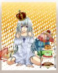  bare_shoulders blue_eyes cake crown dress food gift highres long_hair original silver_hair sitting strapless_dress sweets wariza yuna-tu 