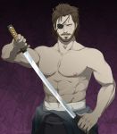  abs beard big_boss blue_eyes brown_hair eyepatch facial_hair gb_(doubleleaf) genmaipudding japanese_clothes katana male manly metal_gear muscle mustache naked_snake purple_background scar scar_on_chest shirtless solo sword weapon 