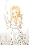  bangs bare_shoulders blonde_hair blue_eyes cross dress elbow_gloves gloves jewelry long_hair mint_adenade nashiko_(tinyrelation) necklace parted_bangs smile solo tales_of_(series) tales_of_phantasia unicorn white white_background white_dress white_gloves 