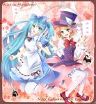  2girls alice_in_musicland_(vocaloid) aqua_hair blonde_hair blue_eyes bowtie cake card character_name copyright_name cup dress food green_eyes hat hatsune_miku inuro_neko_(kuro-nyan) kagamine_rin long_hair mary_janes multiple_girls open_mouth pantyhose rabbit shoes short_hair teacup top_hat twintails vertical-striped_legwear vertical_stripes very_long_hair vocaloid 