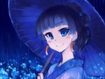  1girl blue_eyes earrings hoop_earrings jewelry kagami_no_machi_no_kaguya kaguya_(kagami_no_machi_no_kaguya) kusanagi_tonbo looking_at_viewer oriental_umbrella rough smile solo umbrella 