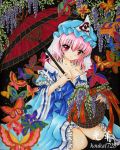  breasts butterfly chirori cleavage flower ghost hat japanese_clothes marker_(medium) oriental_umbrella pink_hair red_eyes saigyouji_yuyuko solo touhou traditional_media triangular_headpiece umbrella 