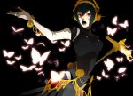 black_hair butterfly hammer headdress metis open_mouth persona persona_3 red_eyes shirano short_hair simple_background solo weapon 
