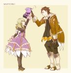  1girl ^_^ alvin_(tales_of_xillia) black_gloves black_legwear blonde_hair boots bow brown_hair closed_eyes coat collar cravat creature dress elise_lutas elise_lutus eyes_closed gloves height_difference high_five koniwa long_hair pants purple_dress ribbon size_difference smile tales_of_(series) tales_of_xillia thigh_boots thighhighs tipo_(xillia) tippo wrist_cuffs yellow_background 
