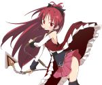 bare_shoulders blush bow chain chains detached_sleeves dress hair_bow hips ixy long_hair magical_girl mahou_shoujo_madoka_magica mouth_hold pocky polearm ponytail red_eyes red_hair redhead sakura_kyouko simple_background skirt smile solo spear thigh-highs thighhighs thighs weapon 