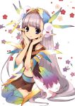  bangs blue_eyes blunt_bangs colorful elf grey_hair hands_on_face hands_on_own_face highres itou_noiji long_hair navel original pointy_ears sitting smile thighhighs very_long_hair wariza zettai_ryouiki 