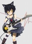  animal_ears arm_warmers bare_shoulders black_hair blush boot boots breasts cat_ears cleavage collar detached_sleeves dress electric_guitar female glasses gomibox guitar instrument jacket musical_instrument original plectrum short_hair simple_background single_thighhigh smile solo striped striped_legwear striped_thighhighs thighhighs vest yellow_eyes 