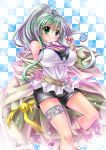  artist_request blouse blush breasts checkered checkered_background choker crown duel_monster fingerless_gloves gloves green_eyes green_hair jacket jewelry kogarashi_(wind_of_winter) large_breasts long_hair pendant ponytail smile solo source_request tiara wynn wynnda_miko_of_the_gusta yuu-gi-ou yuu-gi-ou_duel_monsters 