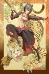  black_hair h-y-d hakama highres japanese_clothes male original polearm tiger weapon yellow_eyes 