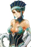  bare_shoulders blue_eyes blue_hair blue_rose_(tiger_&amp;_bunny) breasts cleavage earrings haruhito_(divineshalt) haruhito_(pixiv22545) hat jewelry karina_lyle lipstick makeup short_hair simple_background solo tiger_&amp;_bunny 