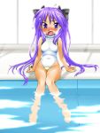  barefoot blue_eyes blush cosplay feet_in_water highres hiiragi_kagami kamia_(not_found) long_hair lucky_star multi multi_(cosplay) not_found_(artist) pool poolside purple_hair soaking_feet solo sweatdrop swimsuit to_heart twintails very_long_hair water 