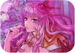  blue_eyes fingernails food fruit grapes hair_ribbon jewelry lips long_fingernails long_hair long_nails macross macross_frontier macross_frontier:_itsuwari_no_utahime nail_polish pink_hair ribbon ring ritsuko_(rittii) sheryl_nome solo 