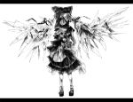  ascot creepy detached_sleeves doll empty_eyes flandre_scarlet hakurei_reimu hat headless japanese_clothes lastdark letterboxed miko monochrome multiple_girls ponytail sad scar side_ponytail simple_background standing torn_clothes touhou 