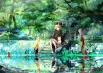  blonde_hair chinese_zodiac dog dog_ears hair_ornament hair_tubes highres japanese_clothes kimono obi open_mouth original pond reflection river shide sitting solo stairs stream tabi tree ume_(plumblossom) water yellow_eyes 