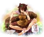  1girl animal_ears bird bracelet brown_hair dog fang frog futatsuiwa_mamizou glasses gourd highres indian_style jewelry leaf leaf_on_head notepad pince-nez raccoon_ears raccoon_tail red_eyes rino_(inoino_4) sitting tail touhou wink 