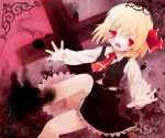  blonde_hair blood blush cross darkness fang hair_ribbon highres kokorominton open_mouth outstretched_arms red_eyes ribbon rumia shirt short_hair skirt skirt_set solo the_embodiment_of_scarlet_devil touhou vest youkai 