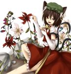  animal_ears bad_id bridal_gauntlets brown_hair cat_ears cat_pose cat_tail chen ear_piercing earrings elbow_gloves fang fingerless_gloves flower gloves hat jewelry kyowosuke multiple_tails neck_ribbon open_mouth paw_pose piercing red_eyes ribbon sasa-megumi-nation shirt short_hair side_slit sitting skirt skirt_set slit smile solo stone tail touhou white_gloves 