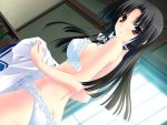  black_hair bra butt_crack character_request dutch_angle frilled_panties game_cg indoors lingerie long_hair looking_back nanjou_chidori official_art panties sakura_bitmap school_uniform solo suzuhira_hiro underwear undressing white_bra white_panties yellow_eyes 