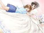  2girls blush bridal_veil bride brown_eyes brown_hair closed_eyes dress genderswap glomp hug joushima_ayumi joushima_satori mashiro_yuu multiple_girls ohyuki okashi_na_futari ooyuki open_mouth slip_skirt veil wedding_dress 