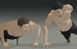  2boys altair_ibn_la-ahad amputee assassin&#039;s_creed assassin's_creed bandage bandages beard black_hair brown_hair eye_contact facial_hair gb_(doubleleaf) genmaipudding looking_at_another male malik_al-sayf multiple_boys muscle nipples novice push-ups shirtless sweat topless 