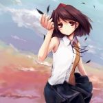  akisa background bad_id brown_hair cloud clouds feathers hat red_eyes shameimaru_aya skirt sky sleeveless sleeveless_shirt solo tokin_hat touhou wind 