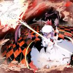  bat_wings checkered checkered_floor dress frills grin hat highres meracle middle_finger polearm purple_hair red_eyes remilia_scarlet ribbon smile solo spear touhou weapon wings wrist_cuffs 