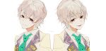  1boy black_vest blonde_hair brown_eyes collared_shirt green_necktie looking_at_viewer male_focus manai_tomoki megochi multiple_hairpins necktie shirt short_hair solo sweet_clown vest white_background white_shirt 