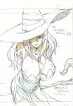  bare_shoulders breasts cleavage collarbone detached_sleeves dragon&#039;s_crown dragon's_crown dress hat hat_over_one_eye highres large_breasts sketch solo sorceress_(dragon&#039;s_crown) sorceress_(dragon's_crown) staff strapless_dress vanillaware witch_hat yamazaki_(now_printing) 