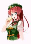  1girl braid breasts cleavage dress food green_eyes hat highres hong_meiling long_hair open_mouth pomon_illust redhead solo star touhou twin_braids 
