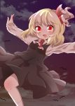  ascot bird blonde_hair blush cloud clouds dress_shirt face fang hair_ribbon highres kuromame_(8gou) necktie night open_mouth outstretched_arms red_eyes ribbon rumia shirt short_hair skirt skirt_set sky smile solo spread_arms the_embodiment_of_scarlet_devil touhou vest youkai 
