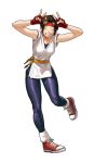  1girl bare_arms brown_hair closed_eyes converse double_v dougi eisuke_ogura eyes_closed female fingerless_gloves full_body gloves grin headband king_of_fighters king_of_fighters_xiii no_sleeves official_art ogura_eisuke red_gloves red_headband ryuuko_no_ken sakazaki_yuri shoes simple_background sleeveless smile sneakers snk solo spandex v white_background yuri_sakazaki 