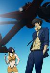  1boy 1girl 2011 belt black_hair blue_background breasts cigarette cleavage cowboy_bebop crop_top faye_valentine gb_(doubleleaf) genmaipudding glasses hands_in_pockets headband highres lens_flare midriff navel necktie open_fly short_hair shorts spike_spiegel sunglasses unzipped 