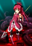  blood fumihiro grin long_hair mahou_shoujo_madoka_magica mouth_hold pocky polearm red_eyes red_hair redhead sakura_kyouko smile solo spear tentacle tentacles thigh-highs thighhighs weapon wink 