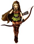  belt boots bow_(weapon) braid brown_eyes cape dragon&#039;s_crown dragon's_crown elf elf_(dragon&#039;s_crown) elf_(dragon's_crown) gloves haruhito_(divineshalt) haruhito_(pixiv22545) highres hood quiver shorts simple_background solo standing thigh_boots thighhighs twin_braids vanillaware weapon white_hair 