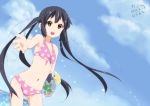 ball bare_shoulders beachball bikini black_hair brown_eyes errant foreshortening k-on! long_hair nakano_azusa navel open_mouth outstretched_arm payot polka_dot polka_dot_bikini polka_dot_swimsuit sky smile solo swimsuit twintails wading 