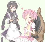  2girls akemi_homura apron black_hair braid chair disz123 drink glasses heart kaname_madoka long_hair magical_girl mahou_shoujo_madoka_magica maid maid_headdress multiple_girls pantyhose pink_hair purple_eyes red-framed_glasses shield short_hair tray twin_braids twintails violet_eyes 