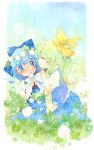  blue_dress blue_hair blue_sky bow cirno closed_eyes clover clover_(flower) daiyousei dress eyes_closed fairy_wars fang flower flower_bracelet four-leaf_clover green_hair hair_bow hair_flower hair_ornament hands_on_own_chest hands_to_chest highres ice incipient_kiss multiple_girls open_mouth shipu_(toppintetratorten) shirt side_ponytail skirt skirt_set sky smile touhou wavy_mouth wings 