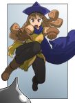  black_legwear boots breasts brown_eyes brown_hair cape dragon_quest dragon_quest_iv gloves hat highres jumping long_hair metal_slime open_mouth otsuaki pantyhose slime 